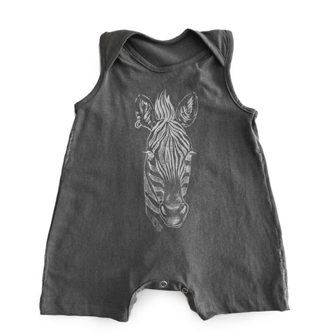 Charcoal Sleeveless Romper with Zebra Print