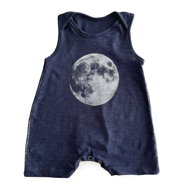 Blue Sleeveless Romper with Moon Print
