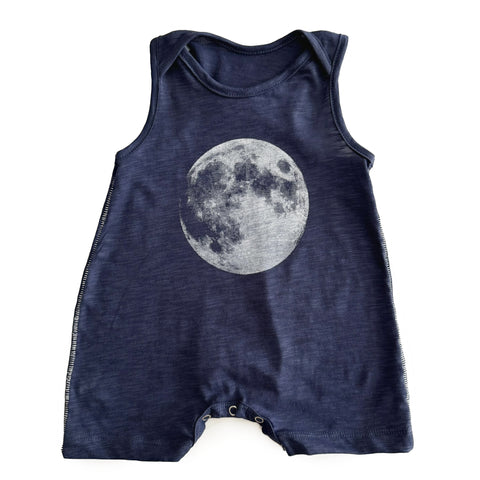 Blue Sleeveless Romper with Moon Print