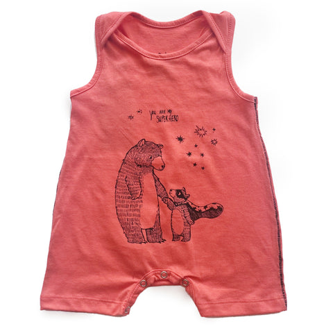 Coral Sleeveless Romper with Bears Print